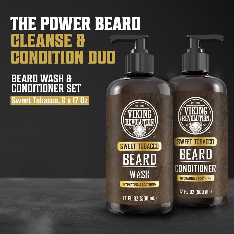 Viking Revolution Beard Wash & Conditioner for Men | Argan & Jojoba Oil - 17oz Sweet Tobacco Beard Softener