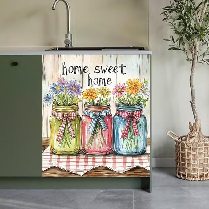 Home Sweet Home Kitchen Decor Dishwasher Magnet Cover Decal, Mason Jar Floral Farm Style Magnetic Dish Washer Panel Door Vinyl Sticker, Refrigerator Magnets,Easy to Clean, 23 x 26 inch