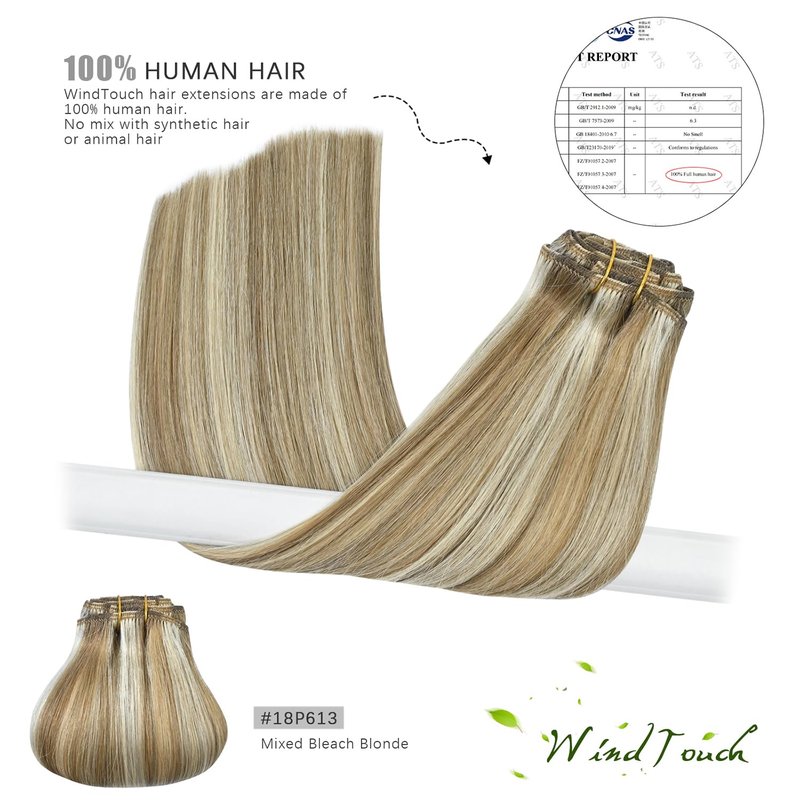 WindTouch Clip in Hair Extensions Human Hair Mixed Bleach Blonde 12Inch 75g Highlights for Blonde 7PCS #18P613