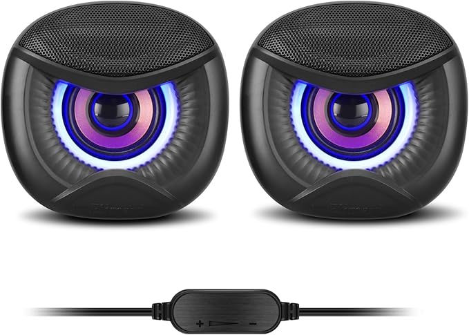 Elimavi USB Computer Speakers, 3.5mm Aux Speaker and USB Powered Interface are Suitable for Desktop Laptop Monitor, Owl Eye Design, Includes a USB-C Adapter, Blue Lights