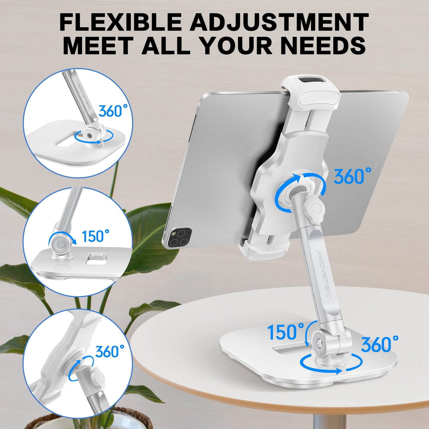 AboveTEK Upgraded Desktop Tablet Stand, 360° Swivel Tablet & Phone Desk Mount Holders for Any 4.7''-13.5'' Display iPad/Cell Phones, Stylish & Sturdy Stands for Store Office Showcase Reception (White)