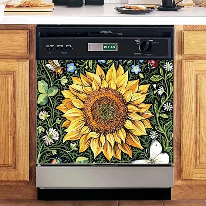Sunflower Dishwasher Decorative Cover, Home Kitchen Dishwasher Decal Floral Refrigerator Cover Decals, Ordinary 23"x17"INCH
