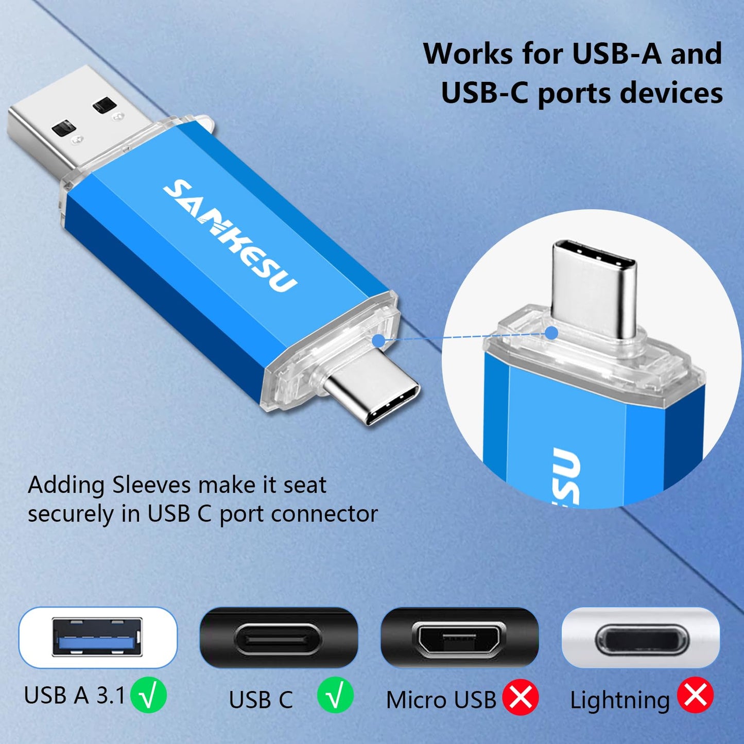 3.0 USB C Flash Drive 512GB, USB-A & Type-C OTG Thumb Stick, Dual Memory Sticks Compatible with PC/Laptop/Type C Cell Phone and Tablet (Blue)