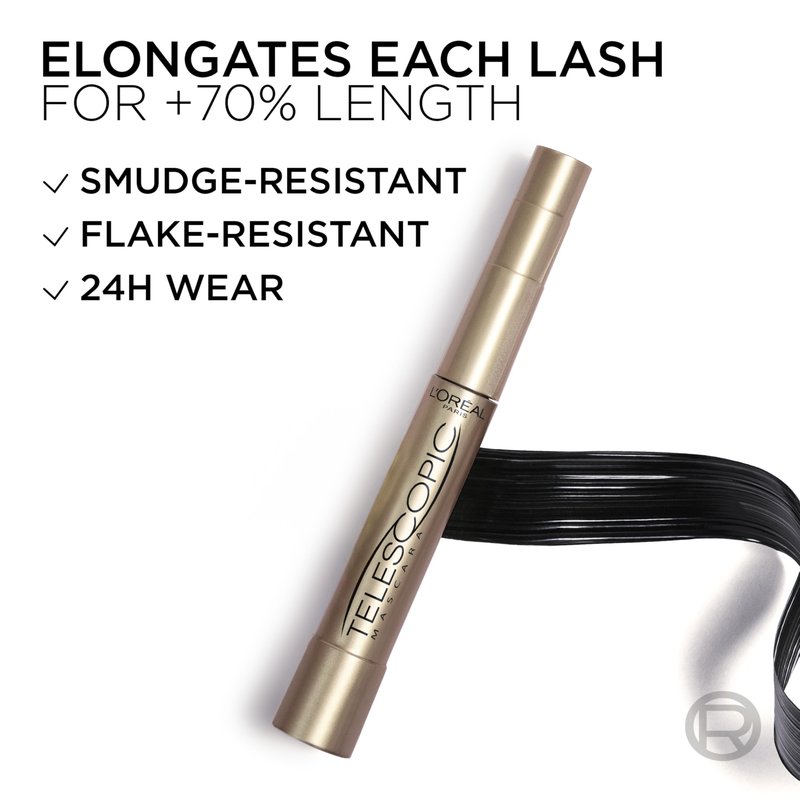 L’Oreal Paris Makeup Original Telescopic Mascara, Separating Mascara Volume and Length Formula, Washable, Carbon Black, 0.27 Fl Oz., 2 Count