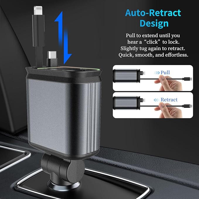 MLVOC 66W Retractable Car Charger with Starlight Projection, 4-in-1 Fast Charging Car Adapter with USB-C & Lightning Cables, Dual Ports, Adjustable Plug for iPhone, Android, Road Trips(Black)
