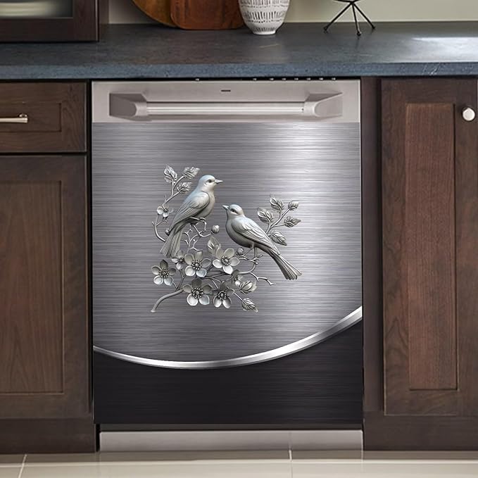 Grey Metal Silver Pattern,Dishwasher Cover Sheet, Magnetic Bird Flower Polishing Steelbird Dishwasher Skin Decor, Silver Texture, 23X26 INCH Magnet Rerigerator Wrap, Kitchen Panel Full Decal