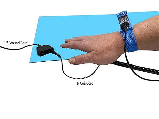 RubberStat Dual Layer ESD Compliant Workstation Rubber Table Mat Kit, Soldering, Cell Phone Repair, with Wrist Strap Set and Ground Cord - 36"x60" Blue