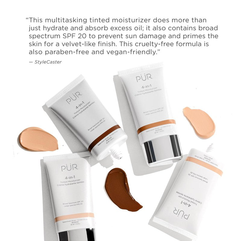PÜR MINERALS 4-in-1 Tinted Moisturizer with SPF 20 - Hydrating Skin Tint Face Moisturizer, Primer & Foundation with Shea Butter, Aloe Vera & Vitamin B3 - Vegan Friendly, Paraben Free (Dark Almond)