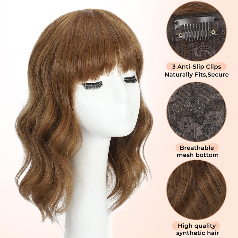Hair Toppers for Women - 14 Inch 360° 3D Synthetic Curly Wavy Clip-In Bangs | Coffee Brown