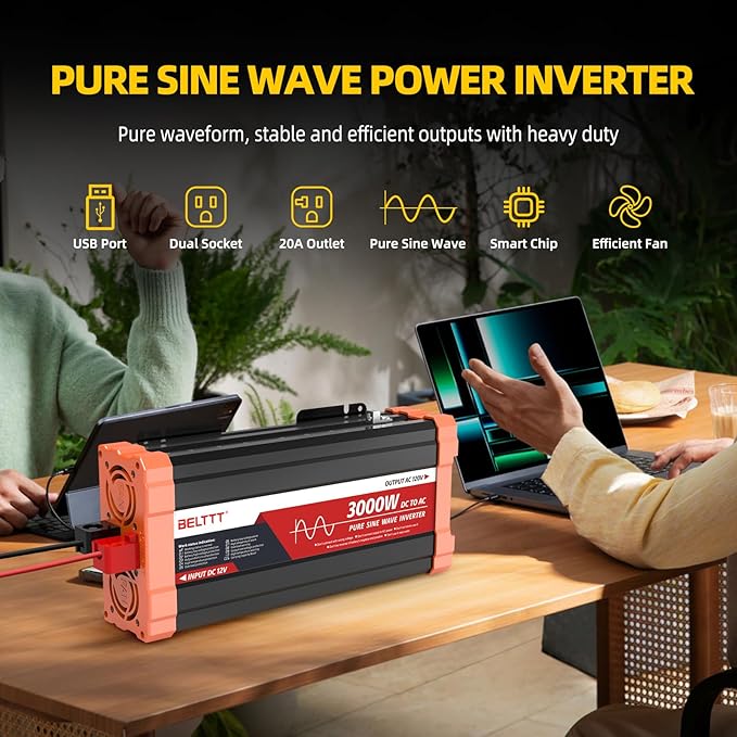 BELTTT 3000W Pure Sine Wave Inverter 12V DC to 120V AC for Solar, Off-Grid, RV, Truck, Home, Power Inverter with Dual AC, 20A Socket, 5V 2.1A USB, Hardwire Port, Remote Controller 23Ft Cable