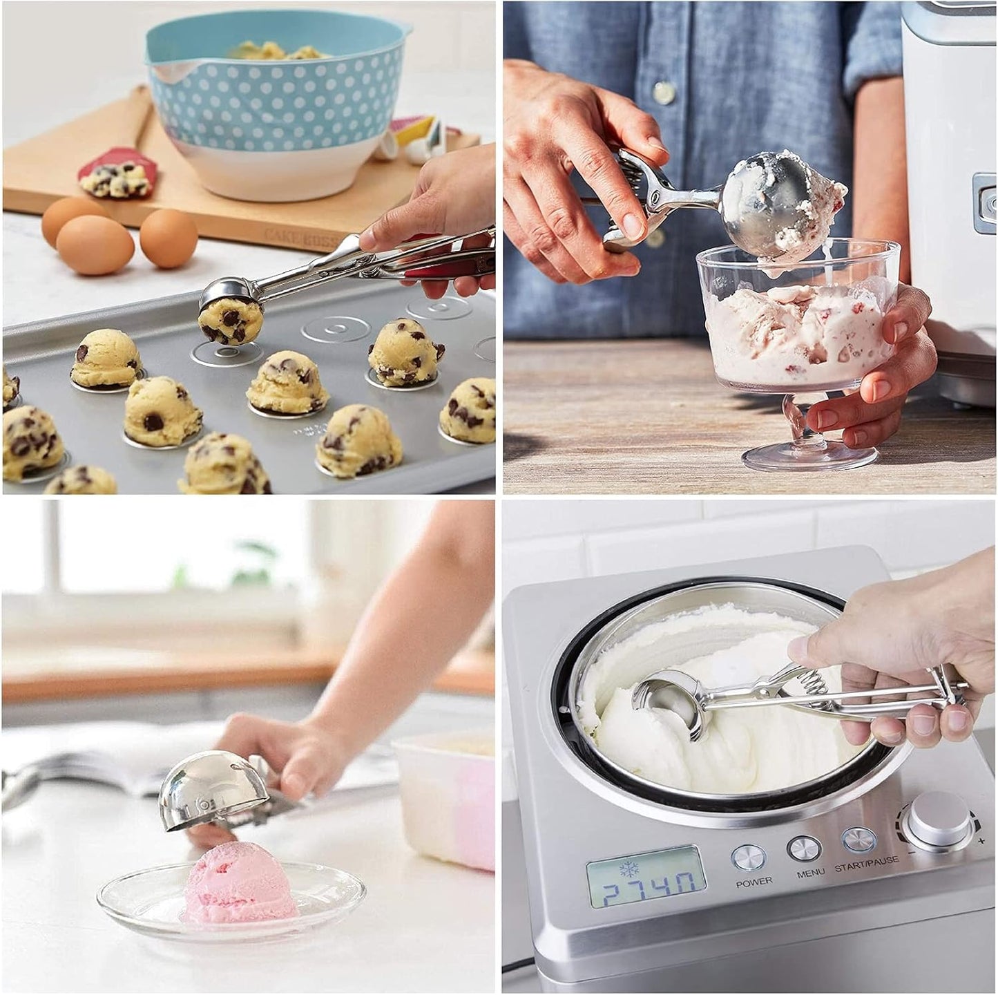Skiennix Ice Cream Scoop Set - 3Pcs Stainless Steel Cookie Scoops with Trigger Release | Large, Medium, Small