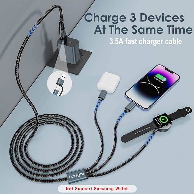 Travel Essentials for Apple Watch Charger,3 in 2 USB C Cable PD20W Block for Multi Charging Cable Cord,Vacation Camping RV Essentials Portable Designed for iWatch &iPhone 17-11 -4.1FT