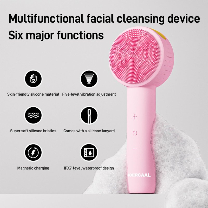 Facial Cleansing Brush Electric – Rechargeable Silicone Face Scrubber, Waterproof Vibrating Cleaner with 5 Adjustable Intensities for Deep Cleansing and Exfoliation (Pink)