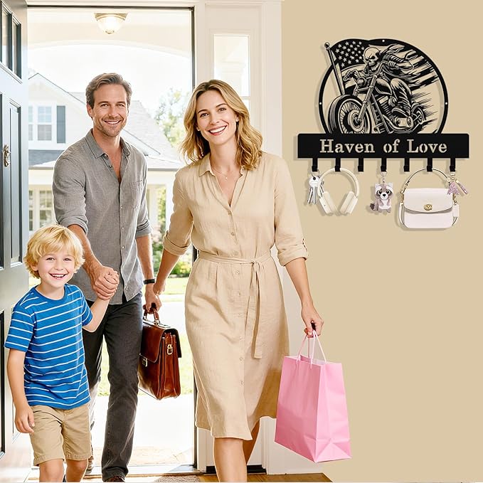 Syneiro Personalized Skull Motocycle Key Holder Wall Mount, Custom Metal Key Rack Key Holder with Name, Deer Cabin Wall Keys Hanger with Hooks for Entryway, Front Door, Hallway, Kitchen, Living Room