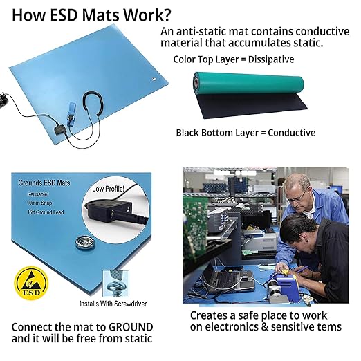 RubberStat Dual Layer ESD Compliant Workstation Rubber Table Mat Kit, Soldering, Cell Phone Repair, with Wrist Strap Set and Ground Cord - 36"x72" Royal Blue