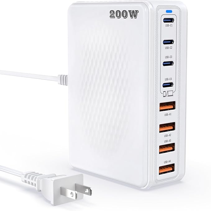 TZBAY 200W GaN III 8-Ports USB C Fast Charger, Type C Block, QC4.0 Fast Phone Charging Station Hub PD 65W Charger Power Adapter for iPad/Air/Pro/iPhone 17/16 MacBook Pro/Air, Galaxy Phones, Tablet