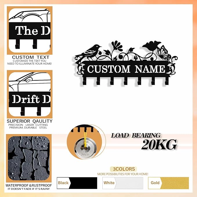 Syneiro Personalized Bird Key Holder Wall Mount, Custom Metal Key Rack Key Holder with Name, Deer Cabin Wall Keys Hanger with Hooks for Entryway, Front Door, Hallway, Kitchen, Living Room