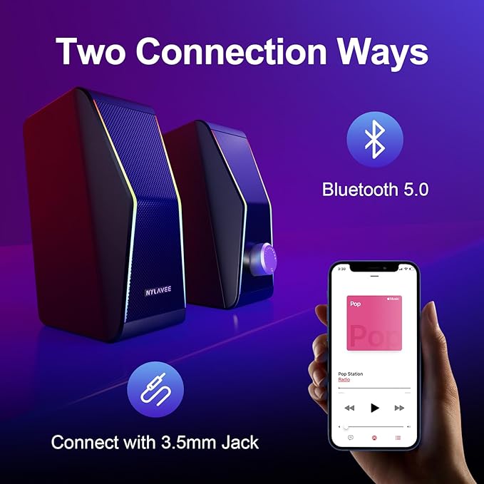 Nylavee Computer Speakers, Bluetooth 5.0 Hi-Fi Stereo PC Speakers, 4 Dynamic Lighting Modes, AC Adapter Powered and 3.5mm AUX-in Computer Speakers for Desktop PC, Monitor, Laptop, Tablet, Phone