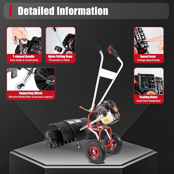 52cc Handheld Snow Sweeper Brush Broom, Gas Power Folding Outdoor Driveway Turf Grass Snow Cleaning Tool Walkway Cleaner for Leaves, Snow, and Gravel