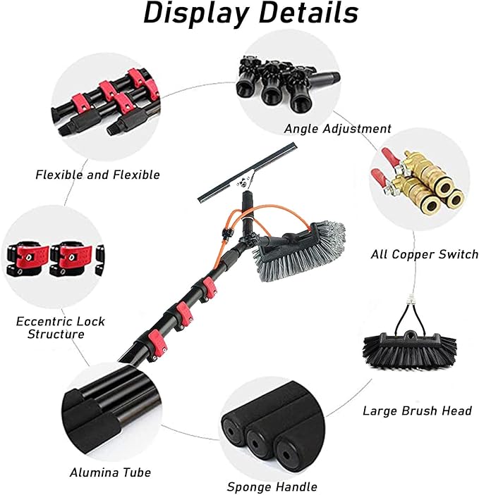 Window Cleaning Wand, Water Feeding Telescopic Brush for Pv Panel Cleaning - 12M/40Ft, Roof Cleaning Tool Window Cleaner Kit,35Cmbrushhead-9M/30Ft,35cmbrushhead,5.4M/18FT