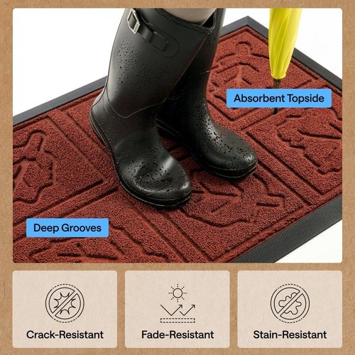 GORILLA GRIP Waterproof All-Season WeatherMAX Doormat - 35x23 Natural Rubber, Stain & Fade Resistant, Easy Clean | Burgundy Leaves