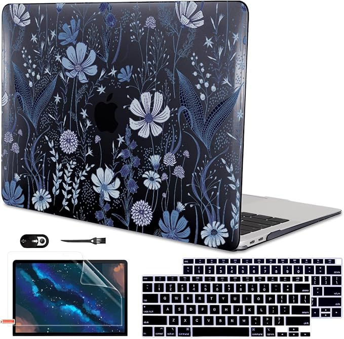 LCMOCICO for 2018 2019 2020 2021 MacBook Air 13 Inch Case M1 A2337 A2179 A1932, Pattern Plastic Hard Shell Case Cover for MacBook Air 13.3 M1 with Retina Display & Touch ID, Wild Flowers Black