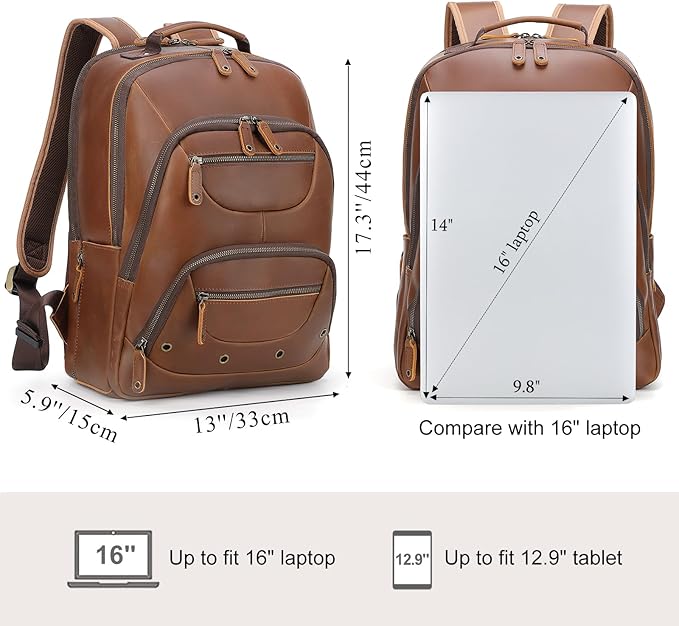 TIDING Leather Backpack for Men Fits 16" 15.6” Laptop, Vintage Business Travel Work Bag Large Overnight Weekender Daypack