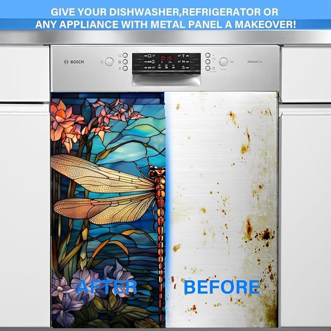 Dragonfly Dishwasher Cover Stained Glass Window Home Appliance Panel Decal, Stained Glass Dragonfly Refrigerator Cover Panels (23" W x 26" H Ordinary)