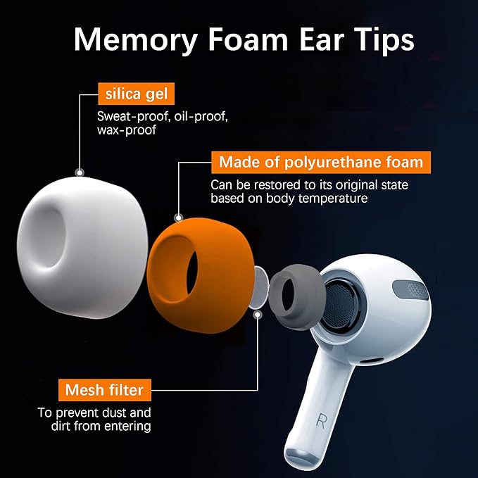 KASOTT Upgraded Memory Foam&Silicone Hybrid Ear Tips for AirPods Pro 1st & 2nd Gen,Ultra-Comfort,Anti-Slip Eartips,Perfect Noise Reduction,Fit in The Charging Case,3 Pairs(Orange, Small)