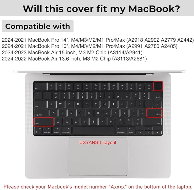 EooCoo Premium Keyboard Cover Skin Protector, Laptop Accessories Compatible with 2026 2025 2024 2023 2022 2021 M5/M4/M3/M2/M1 Pro/Max MacBook Pro 14/16, M5-M2 MacBook Air 13/15, MacBook Neo, Black