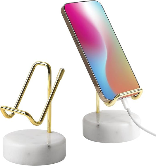 TransMarble Marble Phone Stand with Metal Holder, Charging Available While Using, Swipe Up to Unlock, Made of Natural Marble as Business Card Holder for Office Desk (Starry White + Gold)