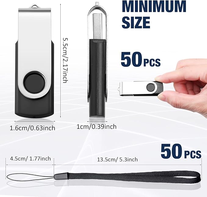 Aoriher 50 Pack USB 2.0 Flash Drives Bulk, Portable USB Thumb Drives with Lanyards, Swivel Flash Drives Thumb Drives for Office School Data Storage(Black,256mb)