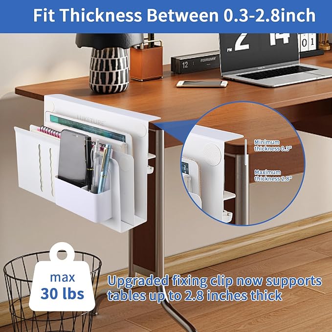LUKETURE Laptop Holder, Steel Desk Side Storage, No Drill Standing Desk Accessories, Laptop Mount with Pen Holder, Back to School Supplies, Fits Flat Edge Tables 0.3" to 2.8" (White, L(2 Tier))