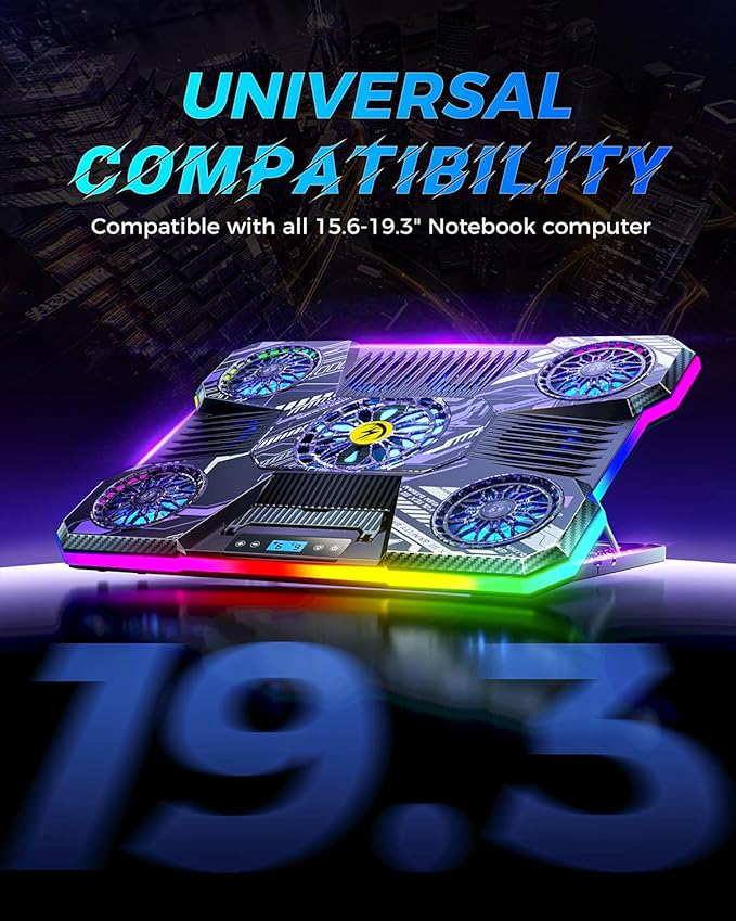 ChillCore RGB Laptop Cooling Pad, Laptop Fan Cooling Pad 9 Fans for 15.6-19.3 Inch Laptops, Gaming Laptop Cooler with 8 Height Stands, 2 USB Ports - A21 Pattern