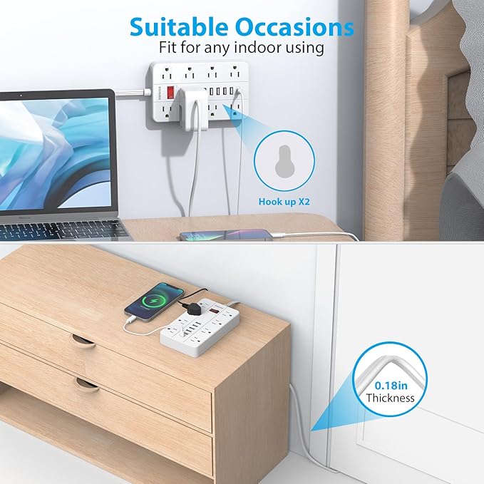 Power Strip Extension Cord, SMNICE Flat Plug Long Extension Cord 10 Ft with 8 Widely Spaced Outlets 6USB(1 USB C) Charging Station, Wall Mount for Dorm Home, Office Accessories,White