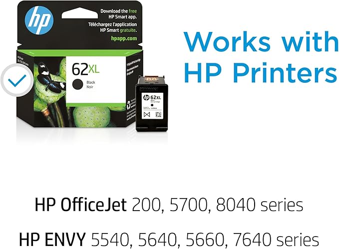 HP 62XL Black High-Yield Ink Cartridges | Works with Printer Series: Envy 5540, 5640, 5660, 7640, OfficeJet 5740, 8040, OfficeJet Mobile 200, 250 | Instant Ink Eligible | C2P05AN | Packaging May Vary