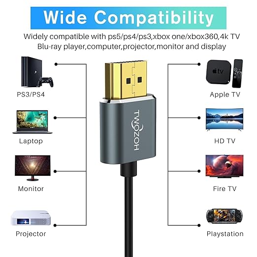 Twozoh Flexible & Slim HDMI Cable 10FT 3 Pack, Ultra Thin HDMI Cord Supports High Speed 4K@60Hz 18gbps 2160P/1080P