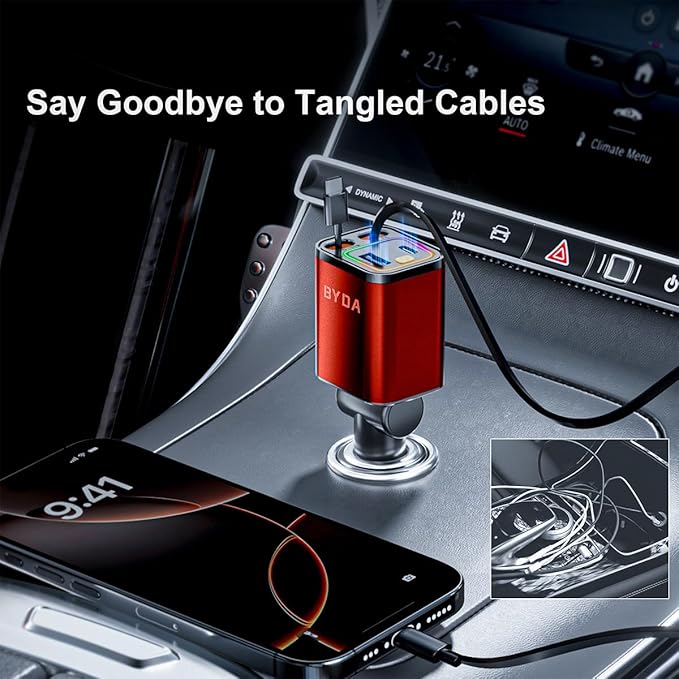 4 in 1 Retractable Car Charger,69W USB-C Fast Car Charger, for iPhone 17/16/15/14/13/12/11, Android,Pixel,Cigarette Lighter Charger (for Apple+Type C &RGB[Orange])