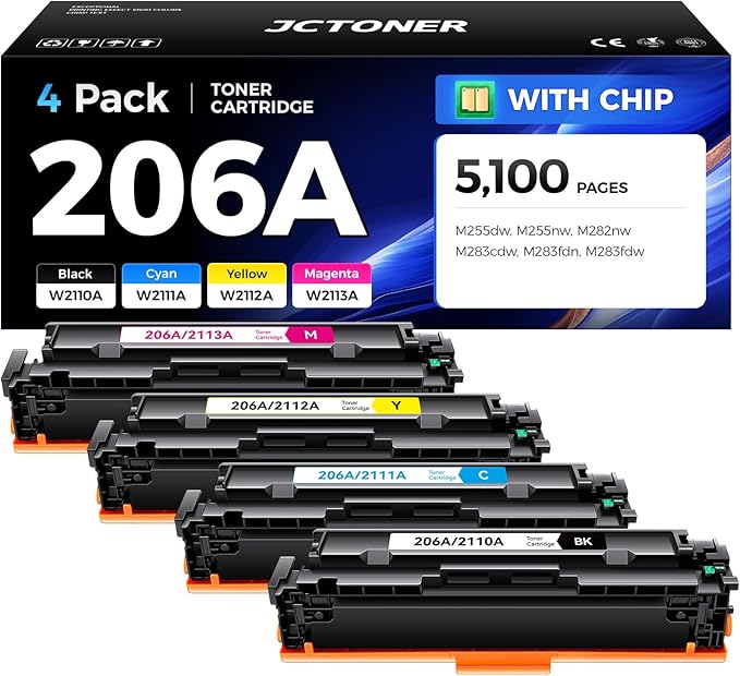206A Toner Cartridge Set 4-Pack High Yield Replacement for HP 206A W2110A W2111A W2112A W2113A Compatible for HP Color LaserJet Pro MFP M283cdw M283fdn M283fdw M282nw M255dw M255nw Printer Ink Black