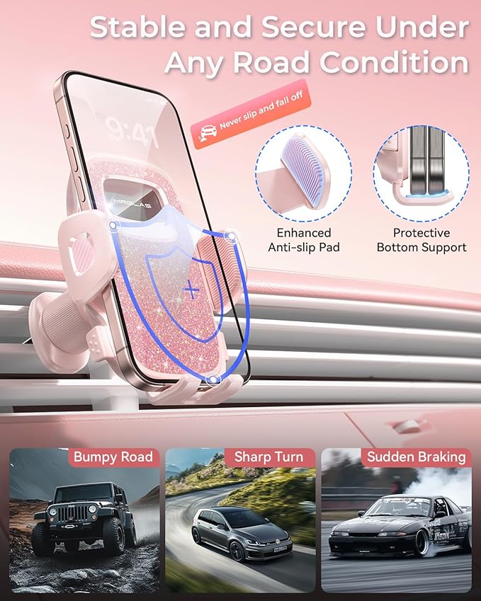 MRGLAS 2025 Upgraded Phone Holders for Your Car with New Metal Hook Clip, Handy Air Vent Cell Phone Car Mount for iPhone [One Hand Operation], Universal Car Accessories Gifts for Women/Mom/Sister