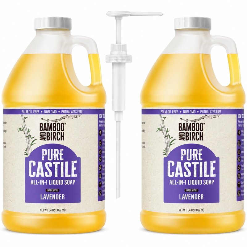 BAMBOO AND BIRCH Pure Castile Soap Liquid, Certified Palm Oil Free Natural Soap, Lavender, 1 Gallon