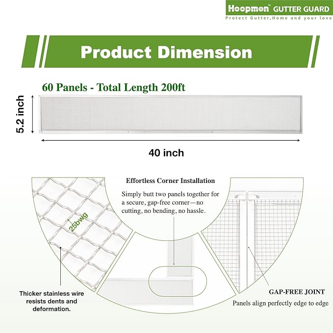 5 Inch Gutter Guard - Heavy Duty 100% Stainless Steel High-Flow Leaf Screen for Debris, Clog & Overflow Protection - Fits K-Style & Half-Round, Screws Included (200 FT, 60 pcs, 5in x 40in)