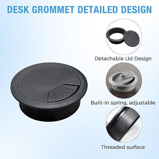 BOPOREAE Desk Grommet 2" (50 mm), Desk Cord Hole Cover, Cable Grommet ABS Plastic, Desk Hole Grommet for Office and Home Table Cable, Detachable Adjustable Cable Cord Organizer (Black 2 Pcs)