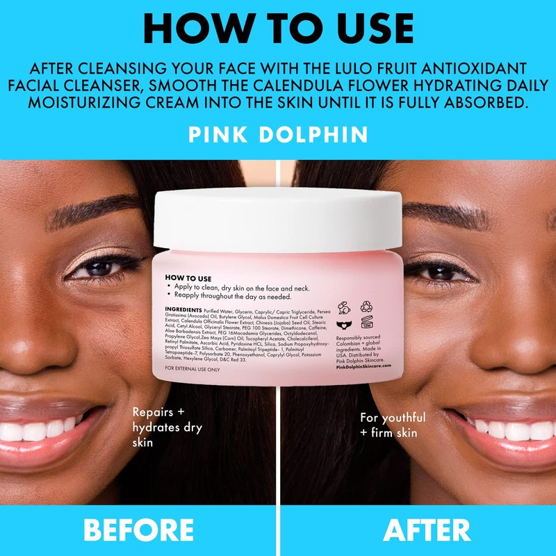 Pink Dolphin Calendula Face Hydrating Daily Moisturizer - Natural Calendula Flowers Soothe Irritation & Promote Healing, Repairs & Rehydrates Dry Skin, Produces Collagen for ALL SKIN TYPES - 1oz