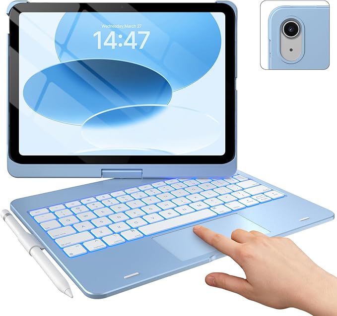 typecase Touch iPad 11th 10th Generation Case with Keyboard (11" 2025, A16 & 10.9" 2022) – 360° Rotatable, 11-Color Backlit, Multi-Touch Trackpad, Pencil Holder, Thin & Light – Sky Blue