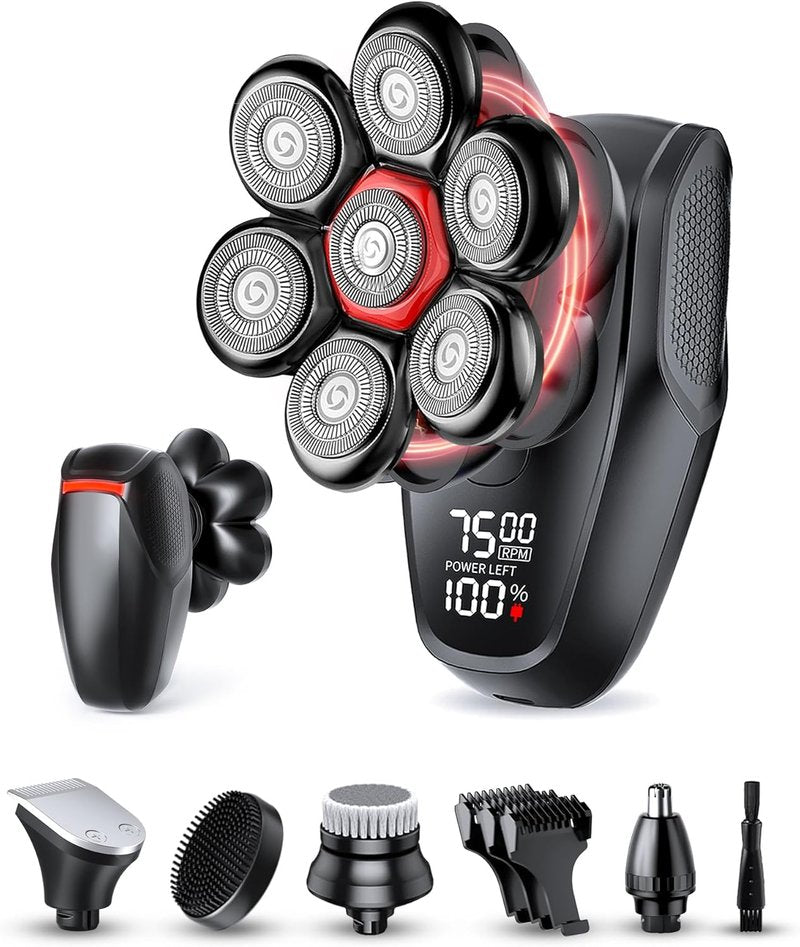 5-in-1 Men's Grooming Kit - 7D Rotary Electric Head Shaver | IPX8 Waterproof, High-Gloss Black