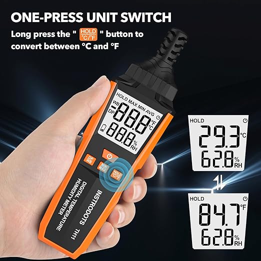INSTRODOTS Temperature Humidity Meter, High Precision Digital Hygrometer with Ambient, Dew Point, Wet Bulb Temperature for Indoor Outdoor, Thermometer with Min/Max, Data Hold, LCD Backlight, TH11