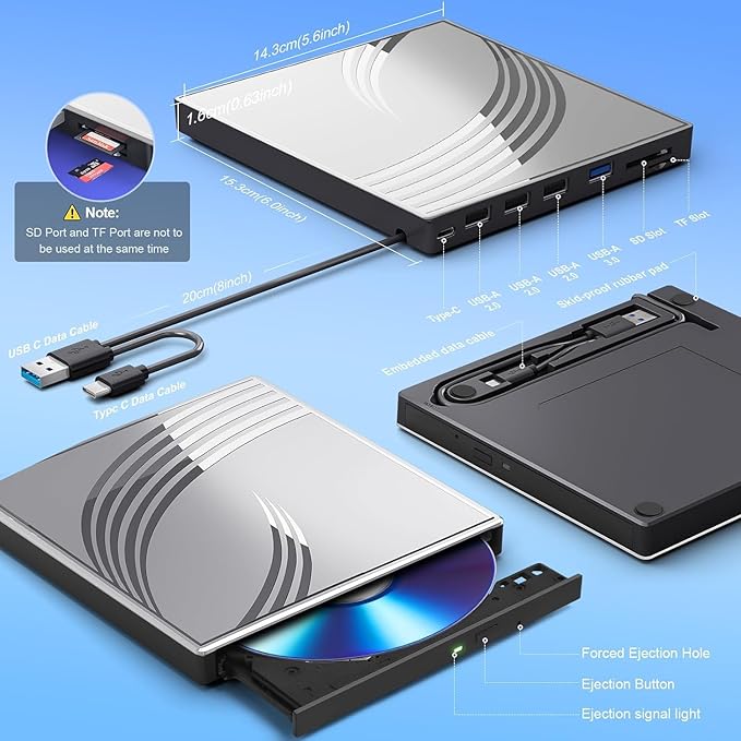 BPAKDU External CD/DVD Drive for Laptop, Ultra Slim CD Burner USB 3.0 Hub with 4 USB Ports, 2 TF/SD Card Slots,1 Type-C Port,DVD Player for Laptop Compatible with mac OS/Windows/Linux (Silver)