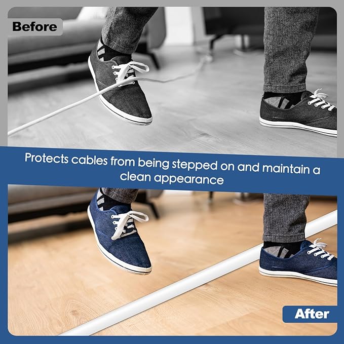 Floor Cord Cover for Wires on Floor Self Adhesive Cord Hider Floor Cable Management Wire Covers for Cords Protector Prevent Cable Trips Cord Cavity W 0.51" x H 0.31", White, 3.3Ft
