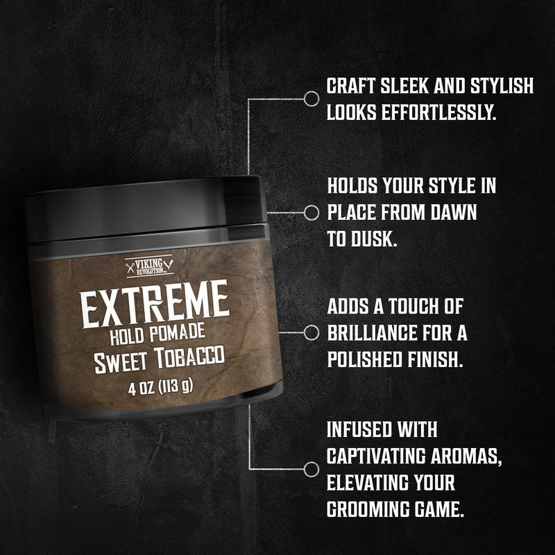 Viking Revolution Sweet Tobacco Hair Pomade - Extreme Hold Water-Based Hair Gel for Men | 4oz
